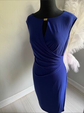 Lauren Ralph Lauren Cobalt Blue Draped Sheath Dress with Gold Accent